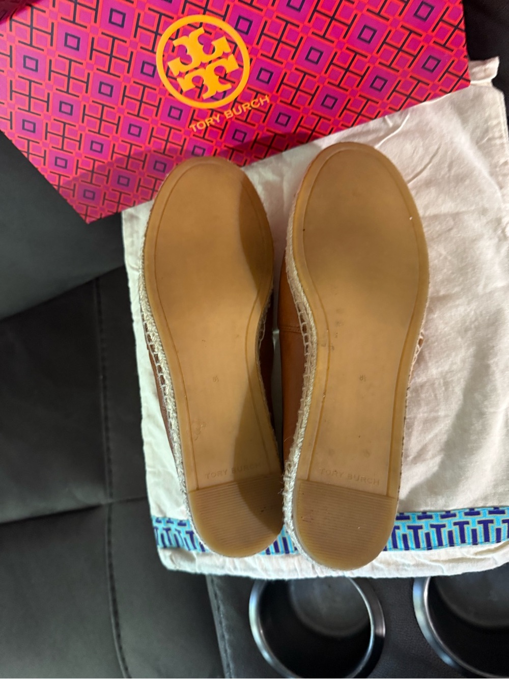 Tory Burch Brown Leather Espadrille Flats with Gold Logo size 8.5 - Picture 5 of 9